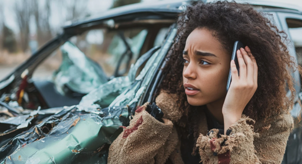 Distressed woman speaking on the phone beside a damaged car after a serious road accident, representing fatal accident claim cases.