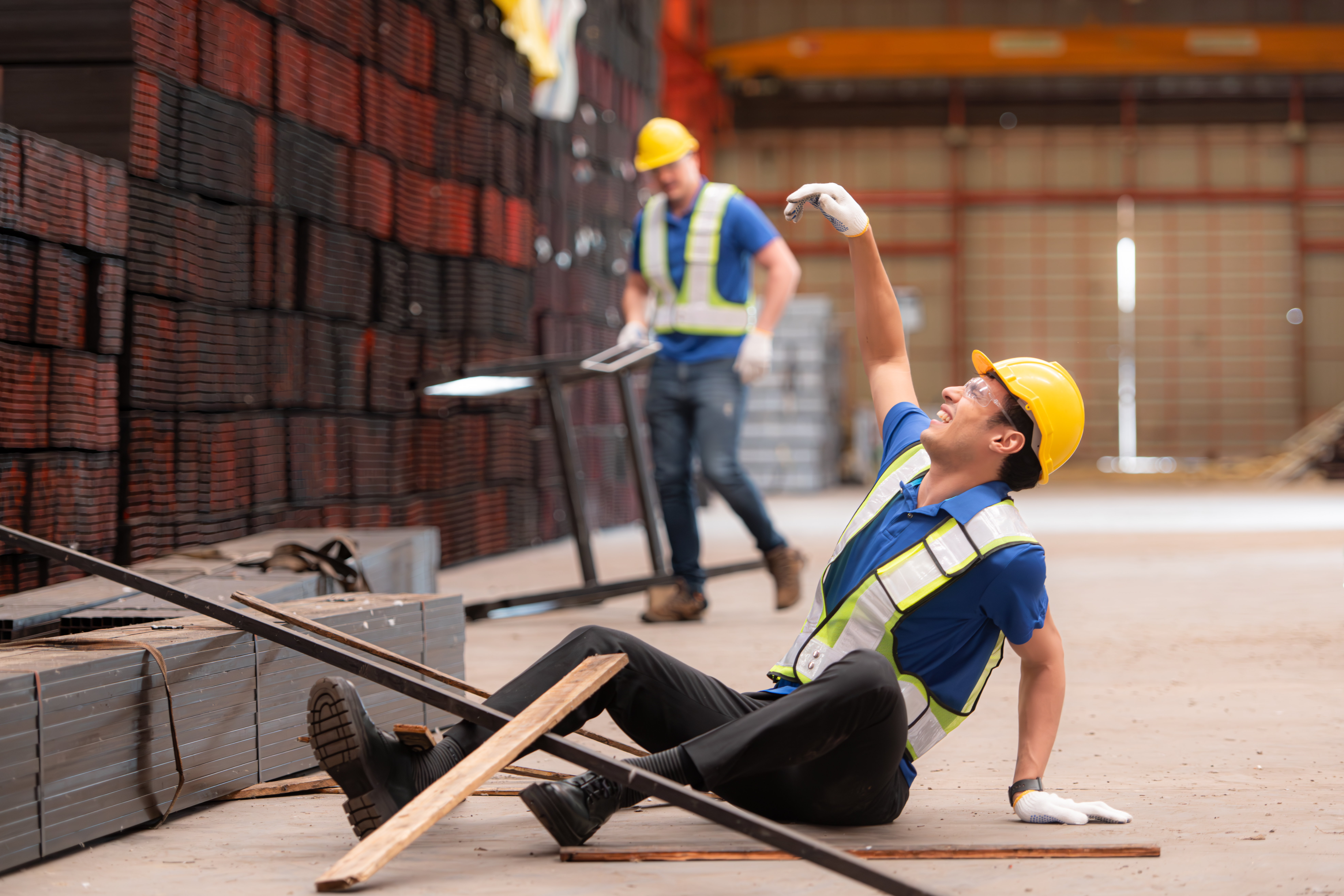 Warehouse worker in a hard hat and high-visibility vest on the ground after a fall, highlighting the importance of reporting workplace accidents and making an injury at work claim.