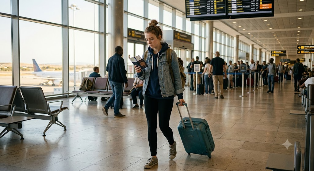 Young woman walking through an airport with luggage and a passport, representing the start of a journey where accident abroad claims may become necessary.