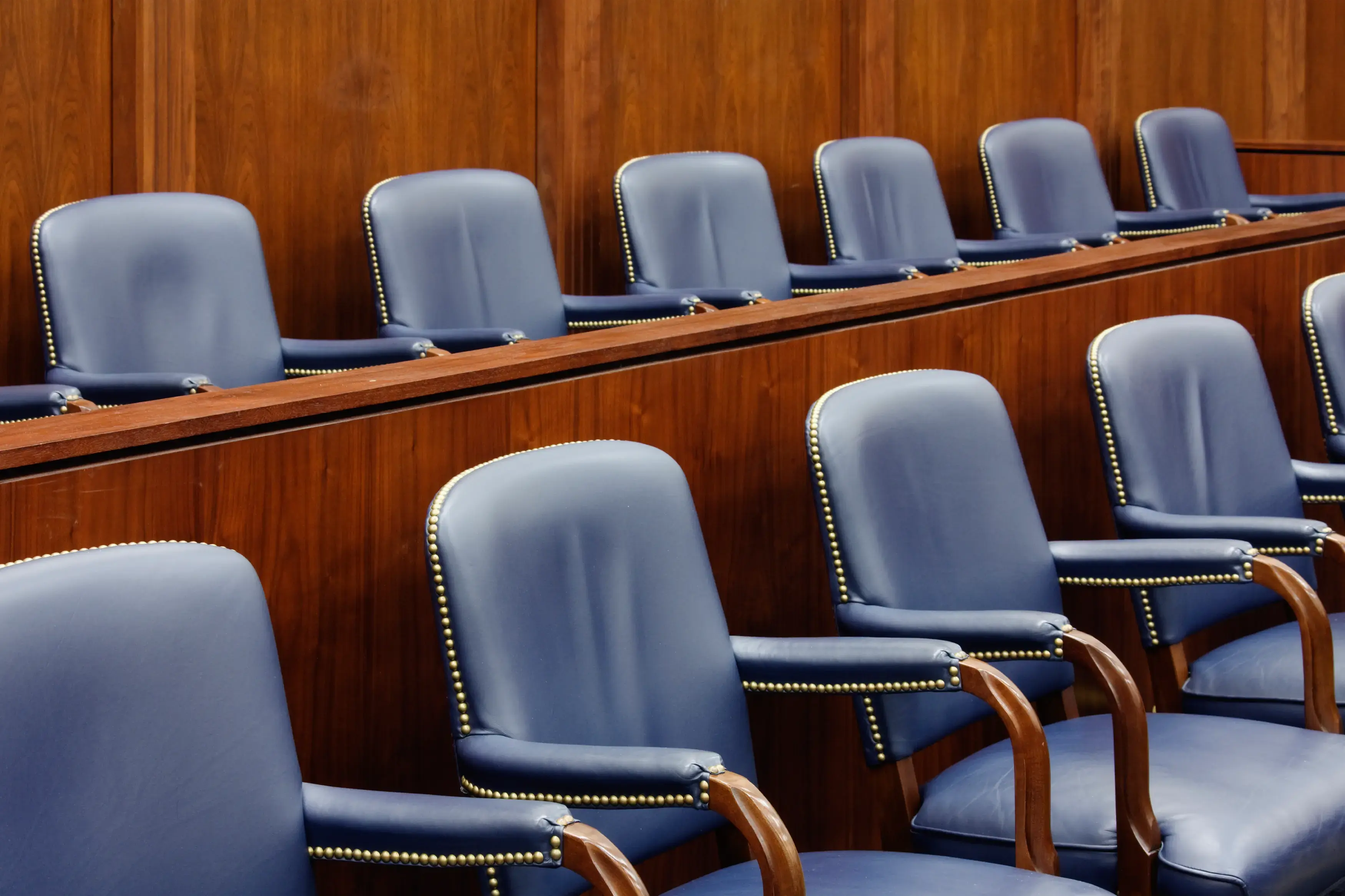 Courtroom seating illustrating when a jury required at an inquest may be involved.
